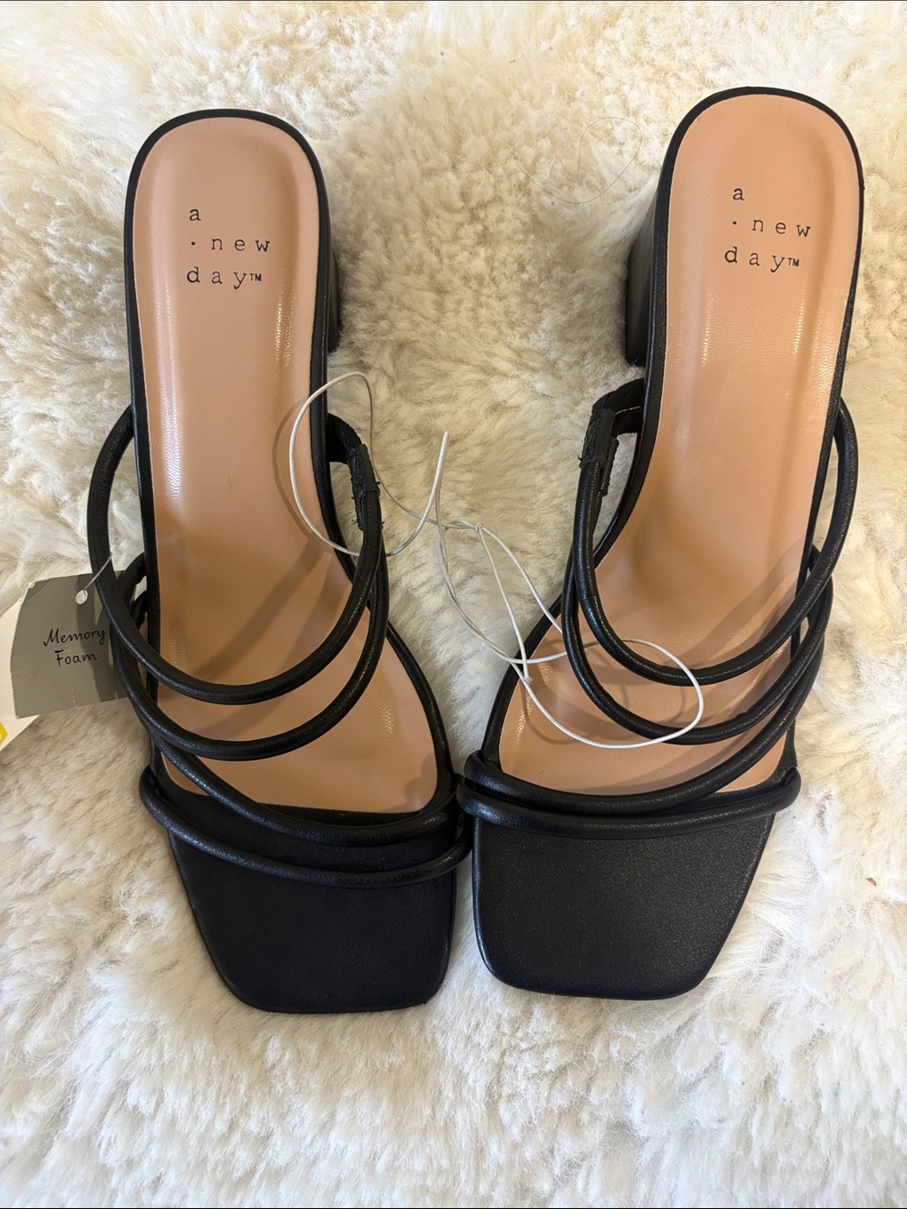 a new day Black Multi-Strap Square-Toe Mid Heel Mules